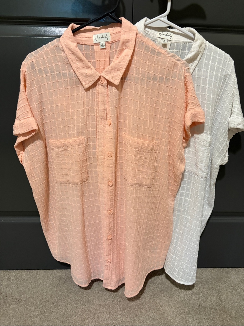 Wonderly Peach and White Textured Button-Down Tops
